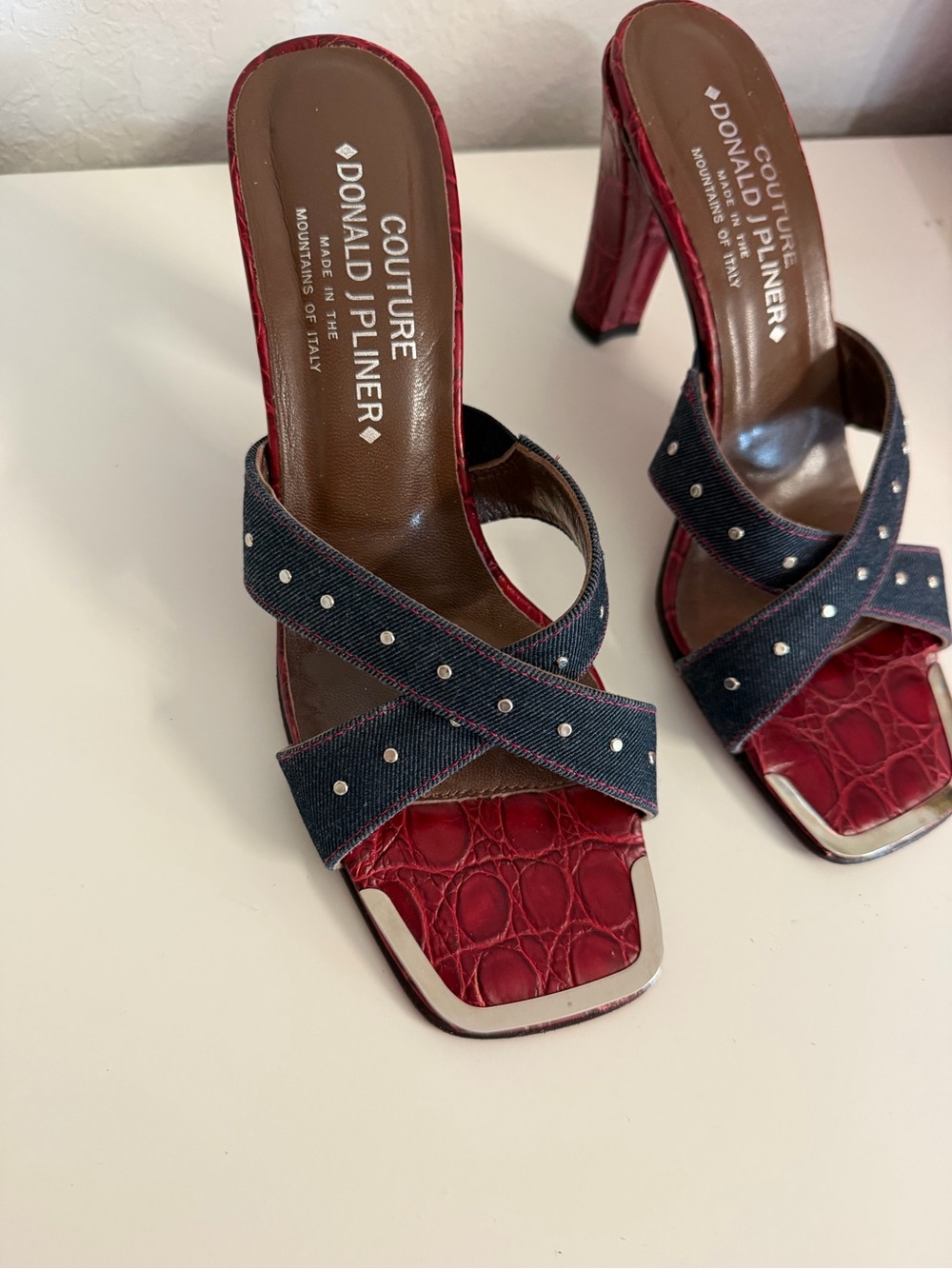 Donald J. Pliner | Red Croc-Embossed Denim Stud Mid-Heels - Picture 3 of 13